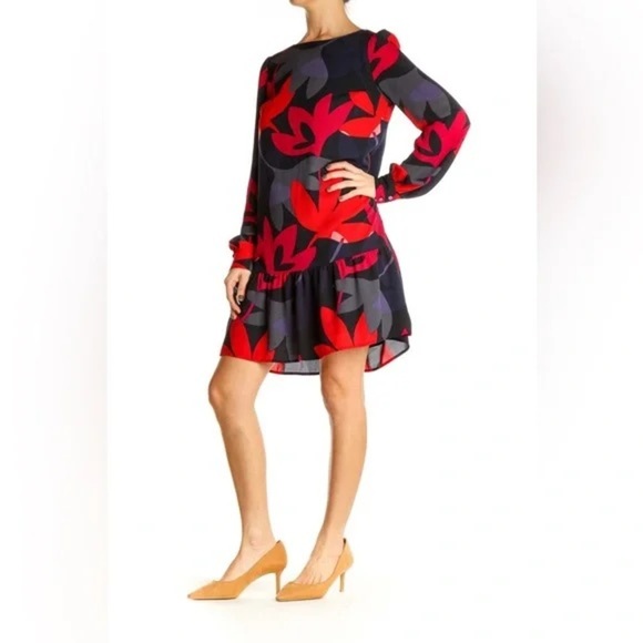 LOFT Red Flounce Fleur Floral Drop Waist Long Sleeve Shift Dress Size Small - Picture 1 of 11